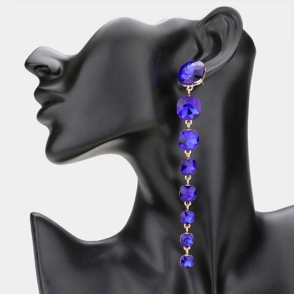 Royal Blue Square Stone Linear Crystal Drop Dangle Earrings 5" Formal Jewelry